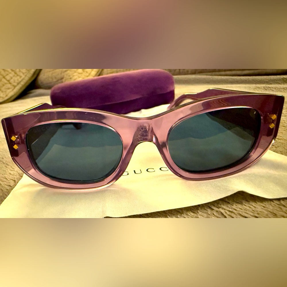 Gucci GG1215S plastic rectangular sunglasses, violet frame/blue lenses